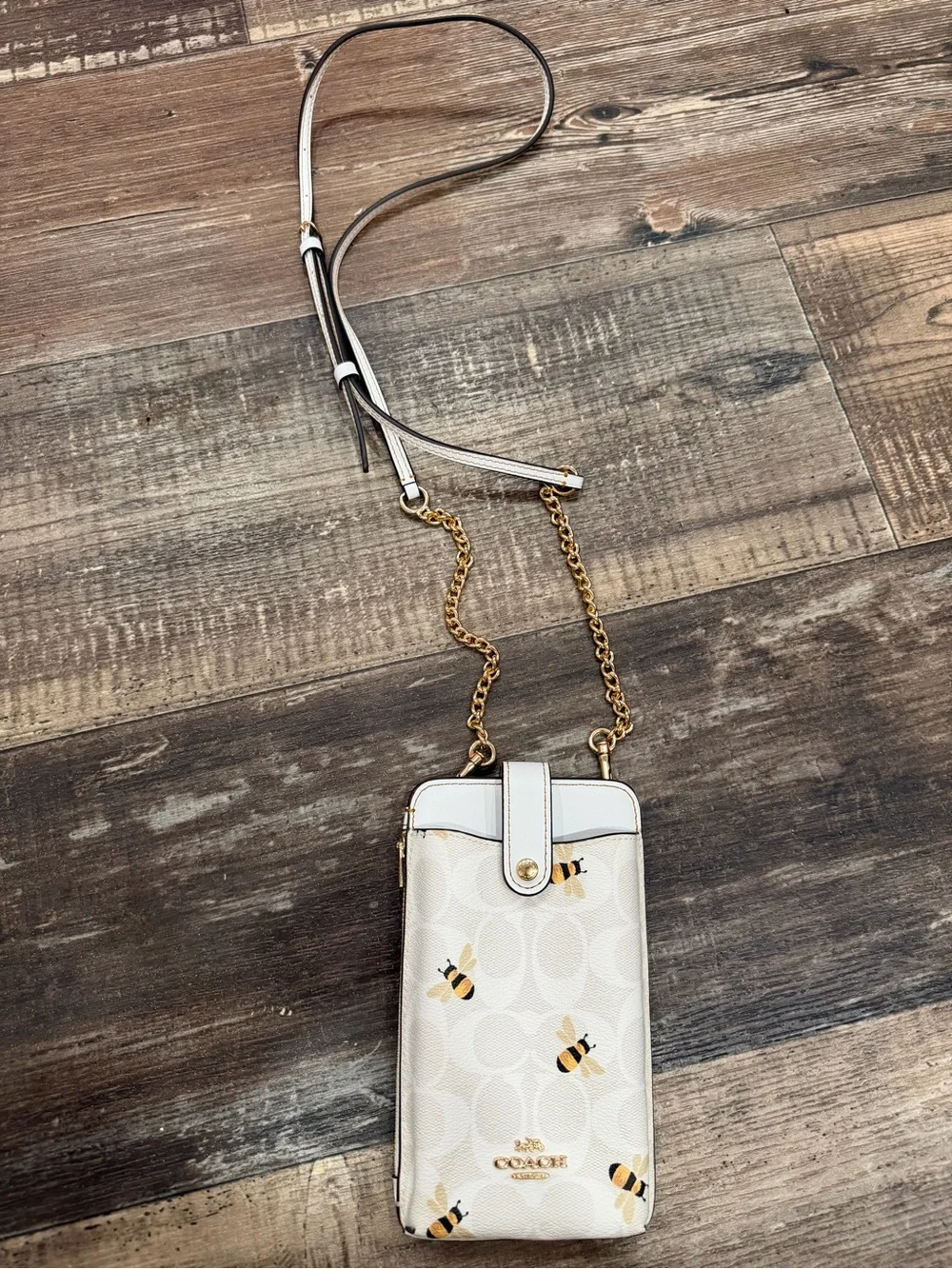 Coach Cream Bee-Print Crossbody Phone Wallet with Gold Chain